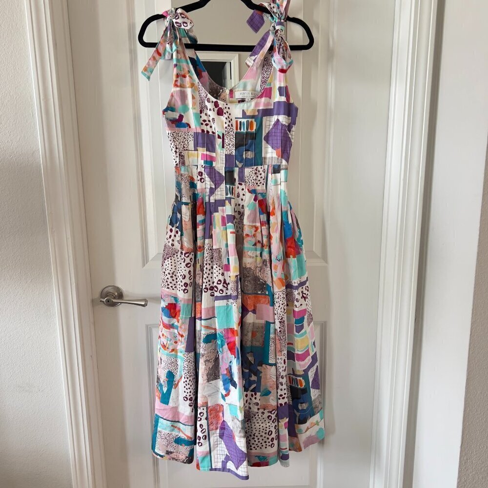 555 Hunter Bell Braden Dress Patchwork Midi Size 2 Color White Blue - Picture 4 of 8